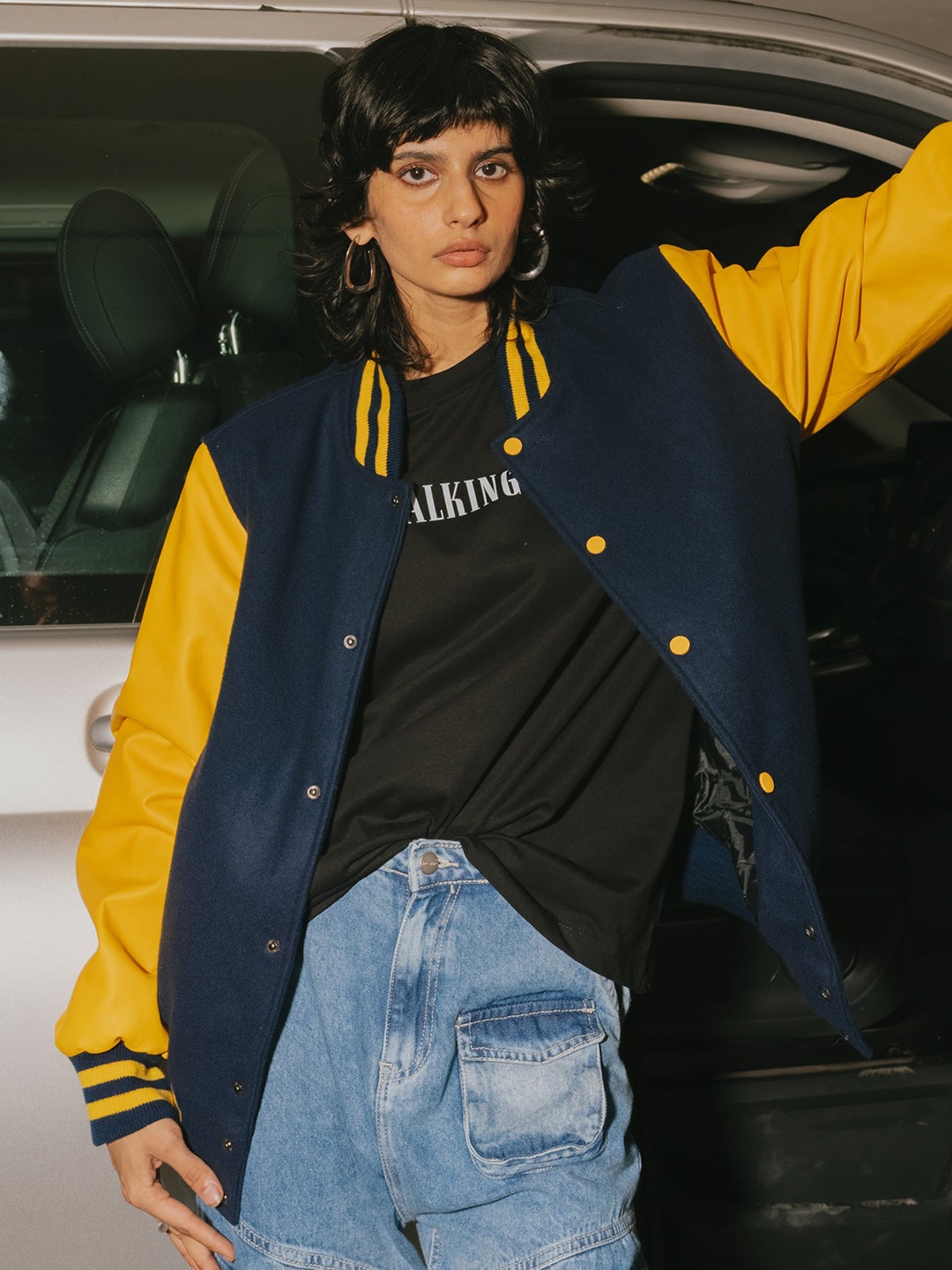 

FREAKINS Navy Blue Colourblocked Stand Collar Varsity Jacket