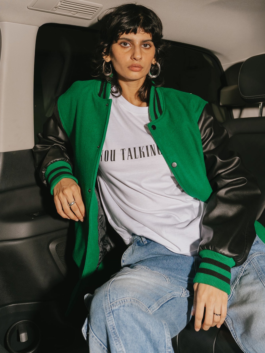 

FREAKINS Green Colourblocked Stand Collar Varsity Jacket