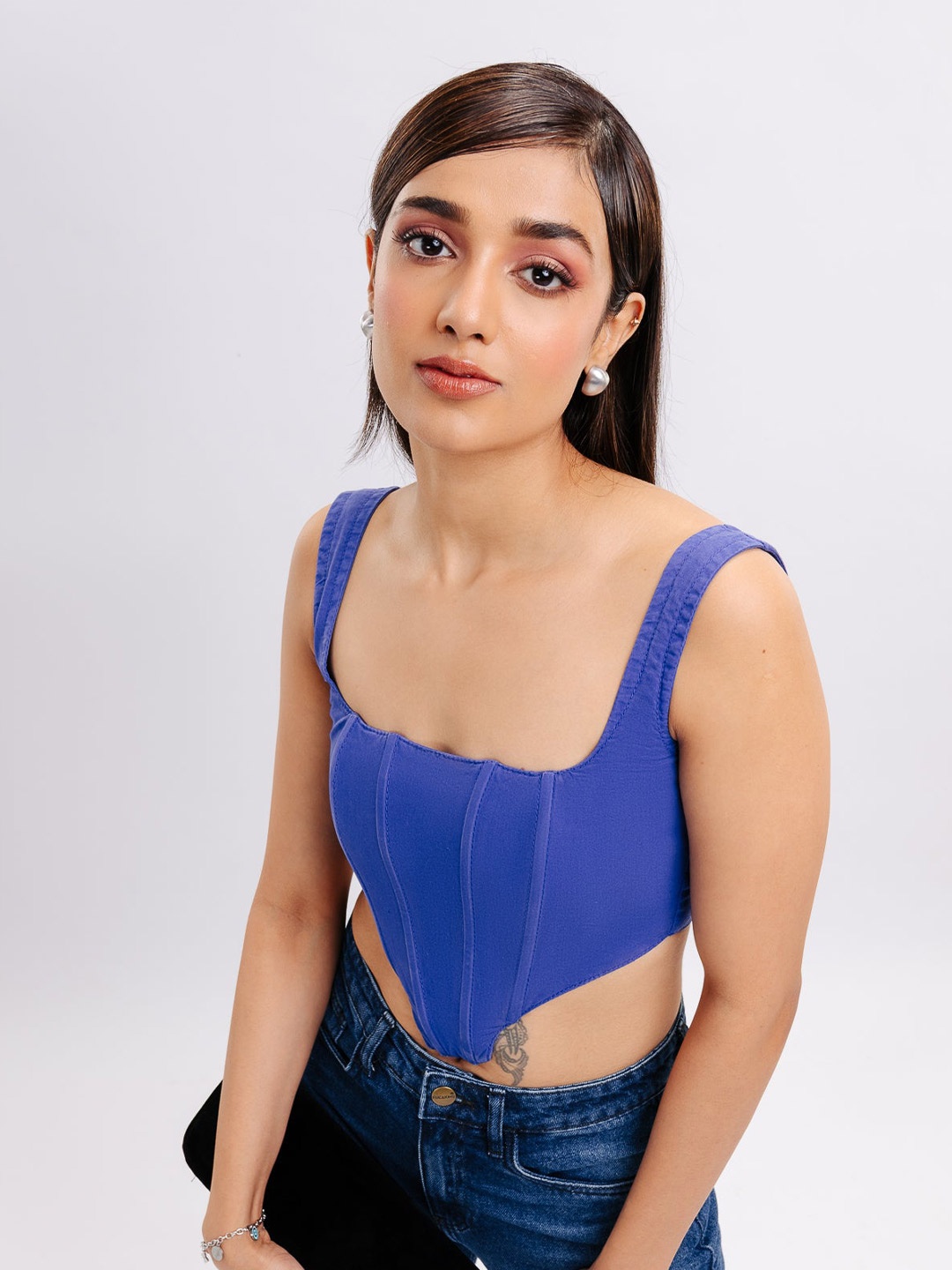 

FREAKINS Shoulder Straps Cotton Fitted Crop Top, Violet