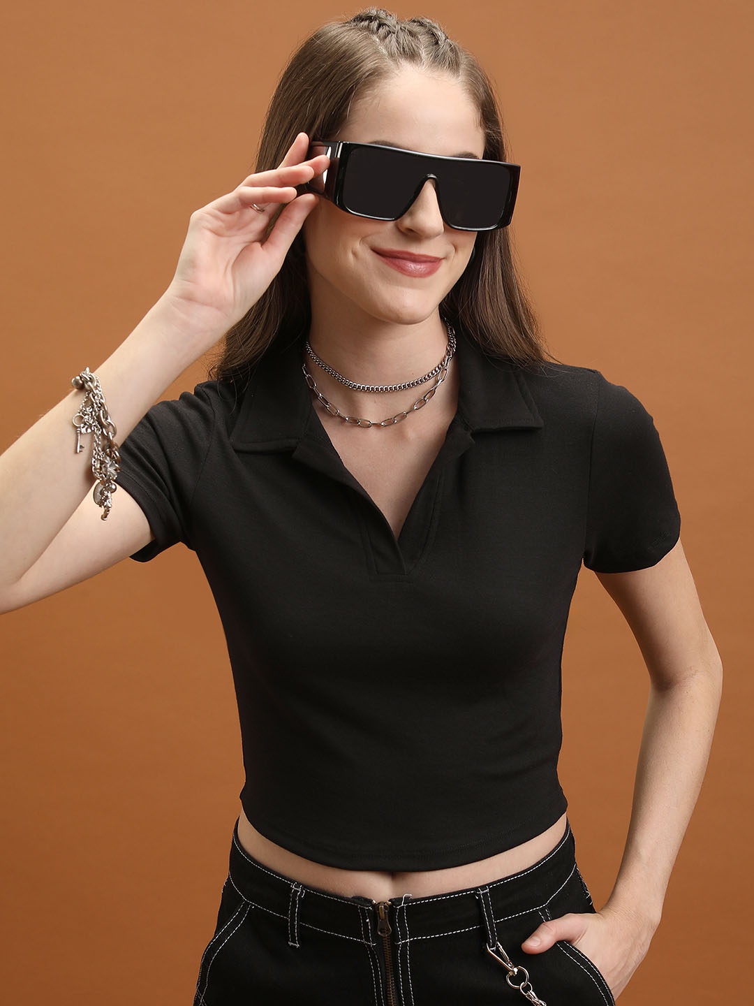 

Tokyo Talkies Black Ribbed Shirt Collar Fitted Crop Top
