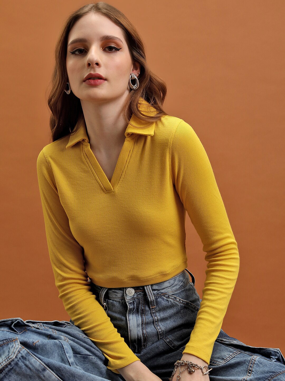 

Tokyo Talkies Shirt Collar Long Sleeves Shirt Style Top, Mustard