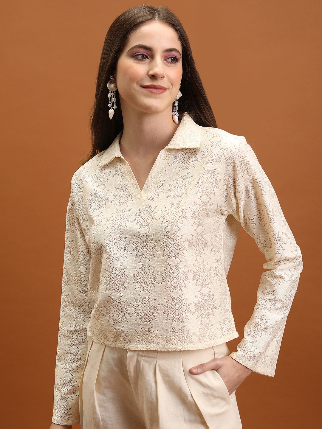 

Tokyo Talkies Shirt Collar Long Sleeves Shirt Style Top, Off white