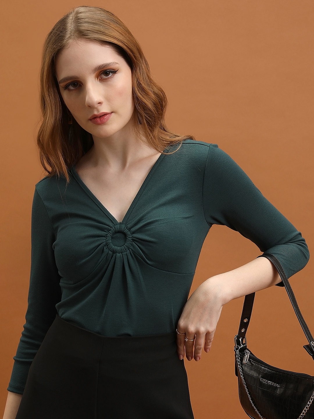 

Tokyo Talkies V-neck three-quarter regular sleeves Regular Twisted Top, Green