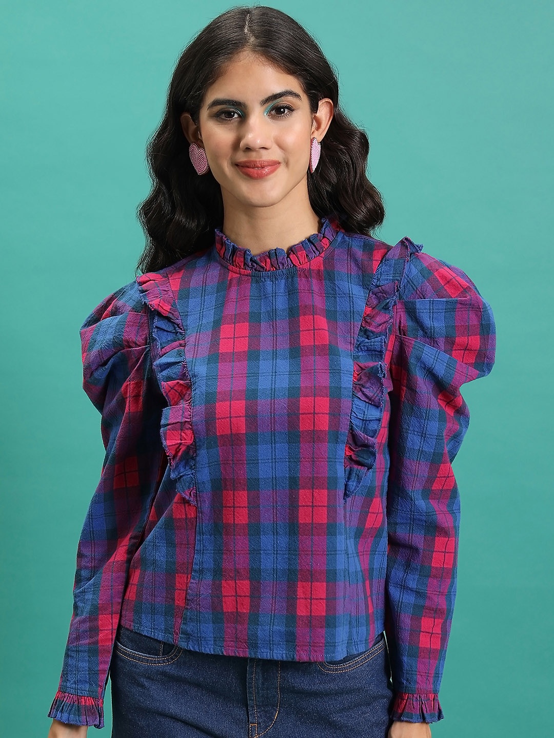 

Tokyo Talkies Checked High neck long cuffed sleeves Ruffles Cotton Top, Blue