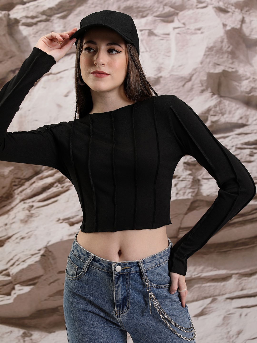 

Tokyo Talkies Round neck Long Sleeves Crop Top, Black