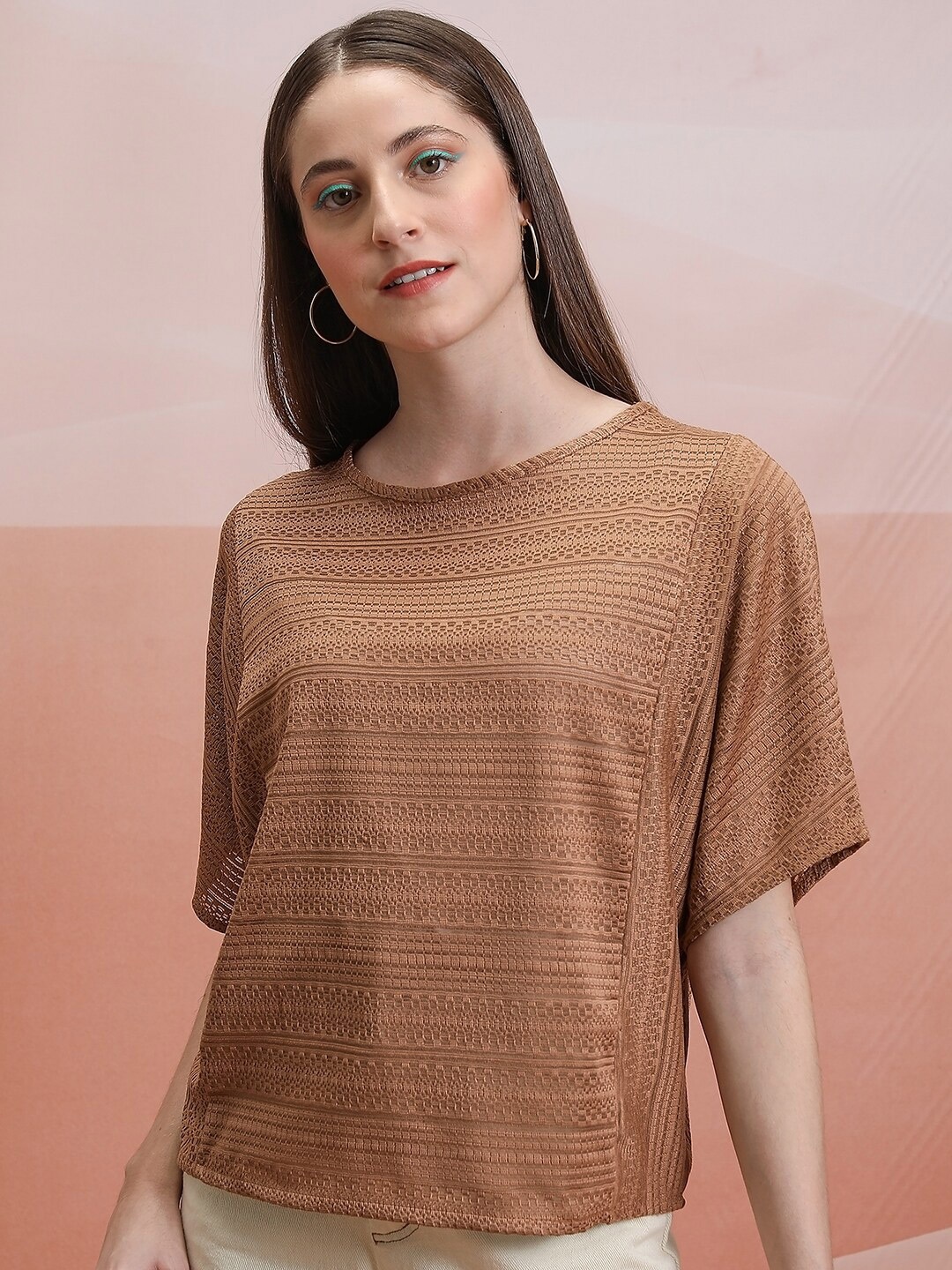 

Tokyo Talkies Round Neck Short Extended Sleeves Cotton Top, Brown