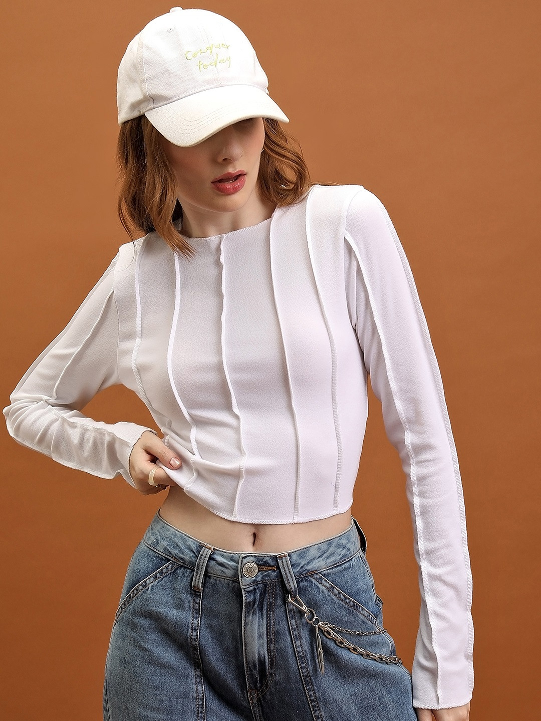 

Tokyo Talkies White Striped High Neck Long Sleeves Crop Top