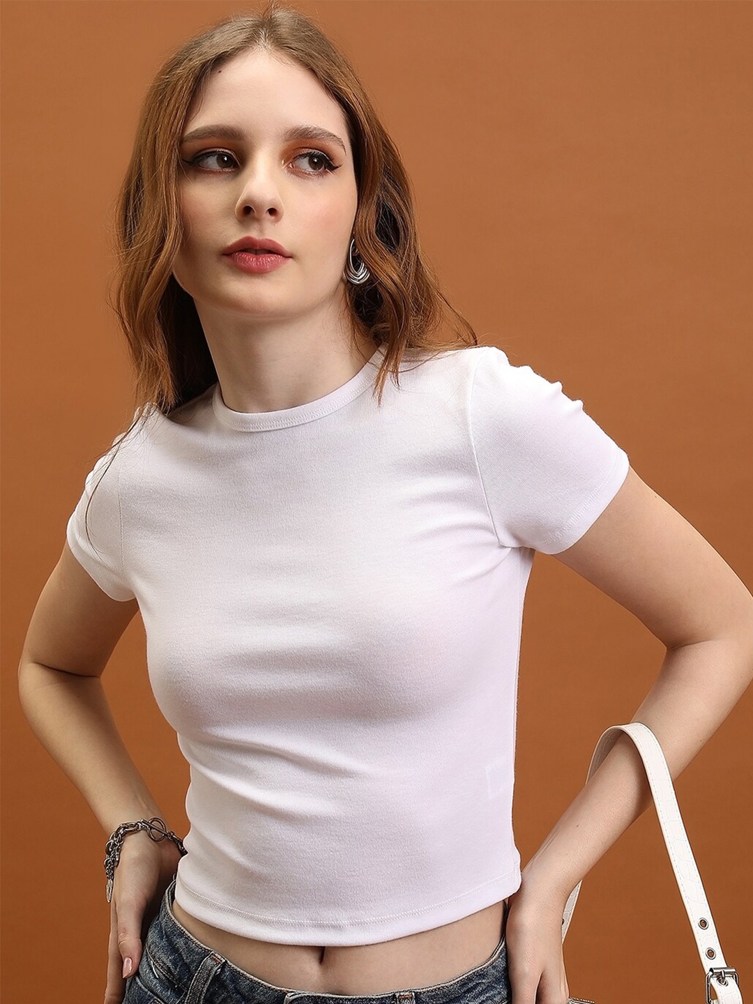 

Tokyo Talkies Round Neck Short Sleeves Knited Slim Fit Crop Top, White