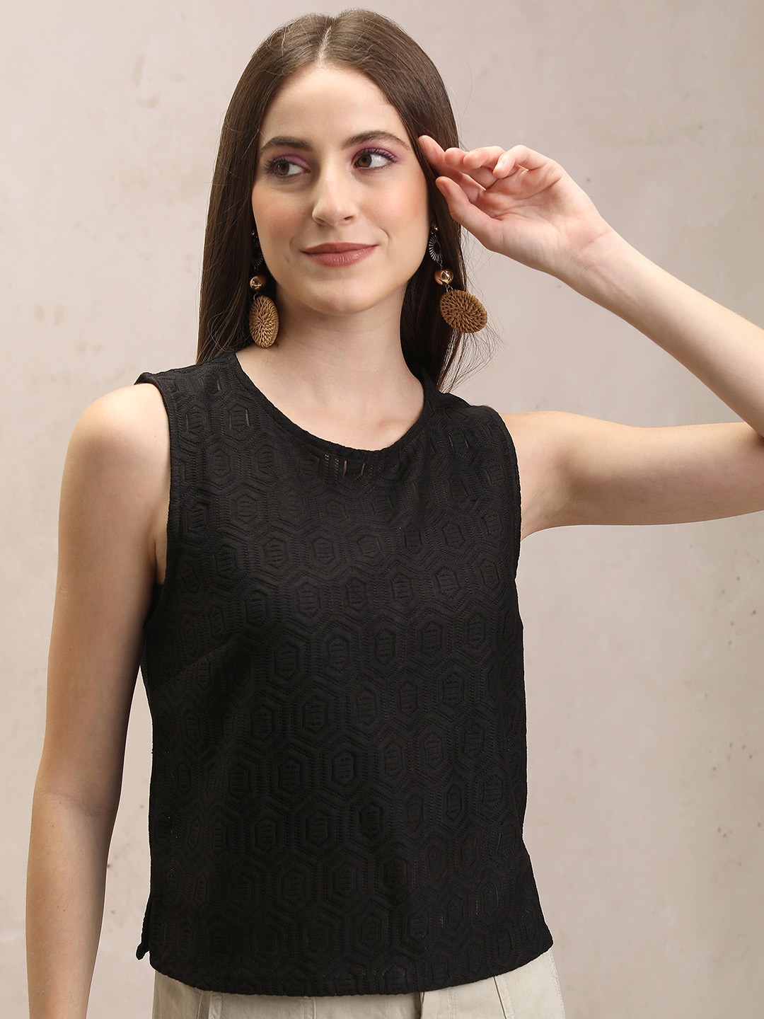 

Tokyo Talkies Black Self Design Round Neck Sleeveless Crochet Crop Top