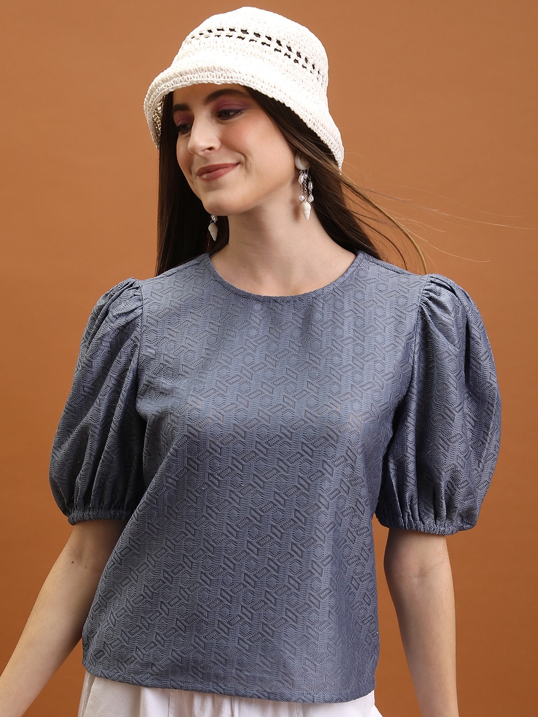 

Tokyo Talkies Blue Self Design Round Neck Puff Sleeves Crochet Top