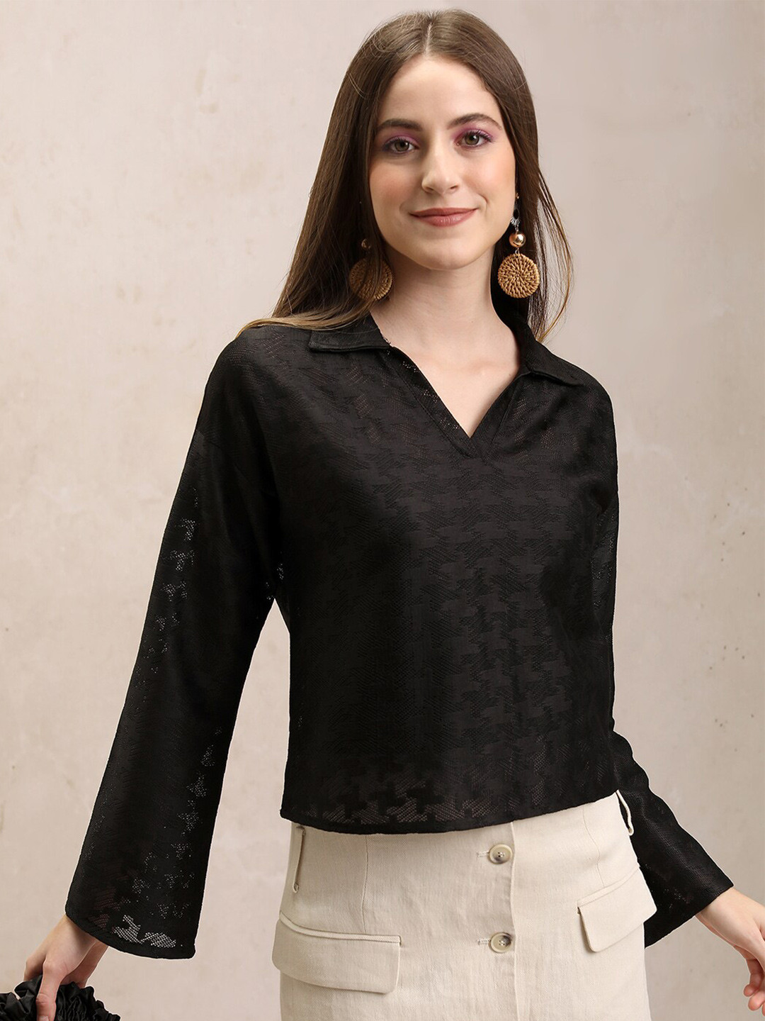 

Tokyo Talkies Shirt Collar Long Bell Sleeves Geometric Top, Black