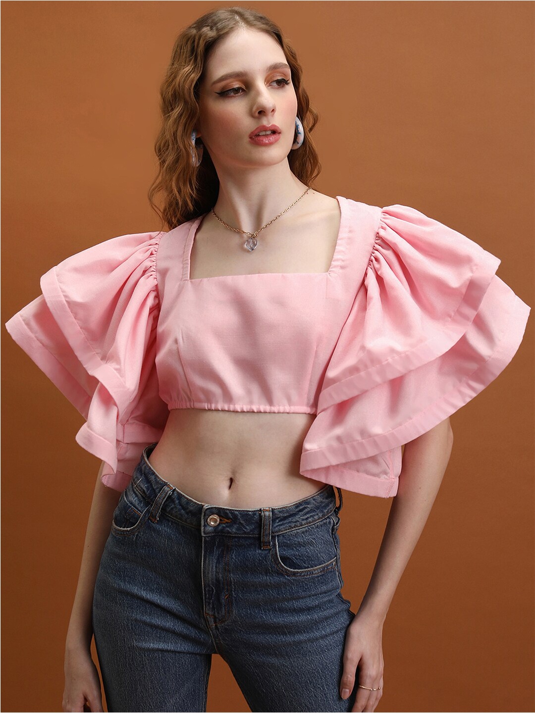 

Tokyo Talkies Flutter Sleeve Square Neck Regular Crop Top, Rose