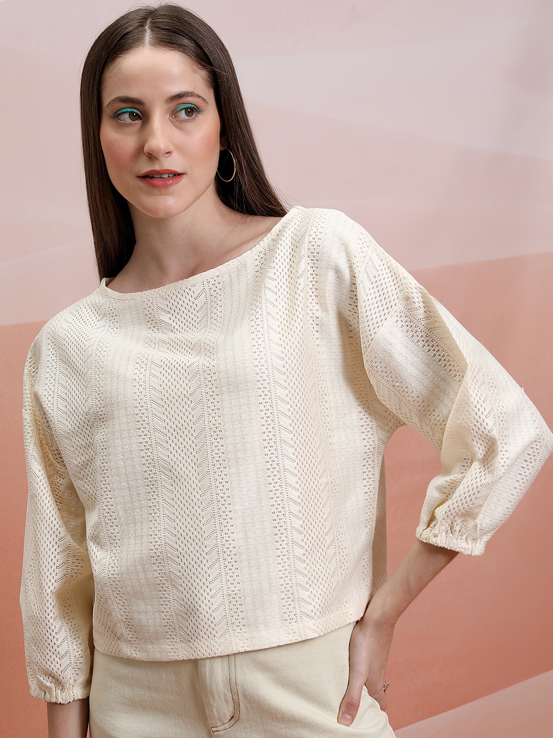 

Tokyo Talkies Round neck three-quarter batwing sleeve Top, Off white