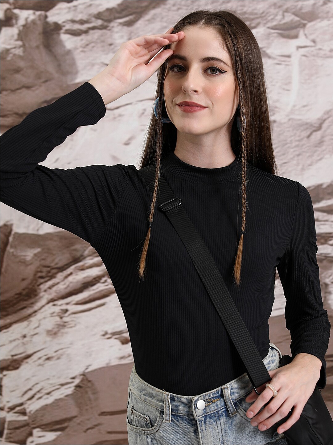 

Tokyo Talkies High Neck Long Sleeves Slim Fit Regular Top, Black