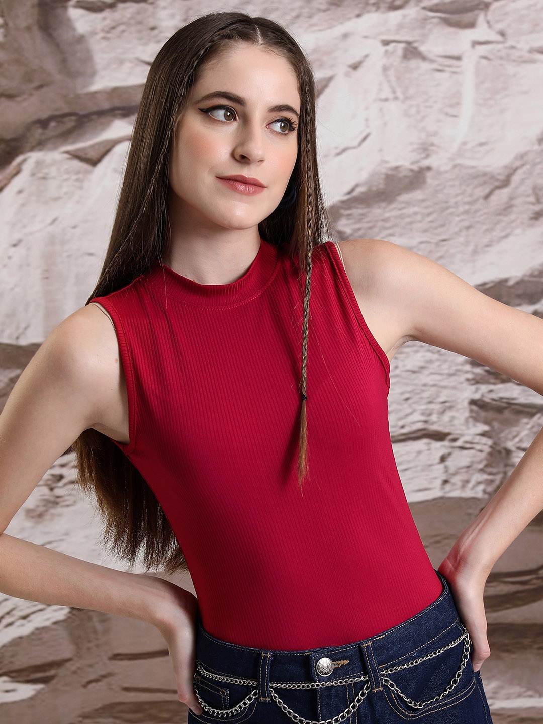 

Tokyo Talkies Red High Neck Sleeveless Slim Fitted Top