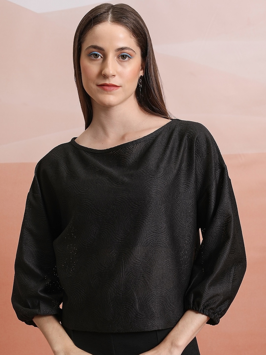

Tokyo Talkies Round Neck three-quarter regular sleeves Top, Black