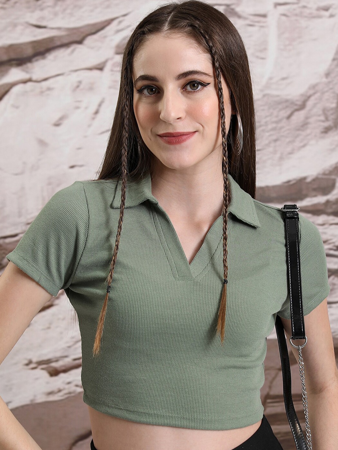 

Tokyo Talkies Olive Shirt Collar Short Sleeves Regular Crop Top