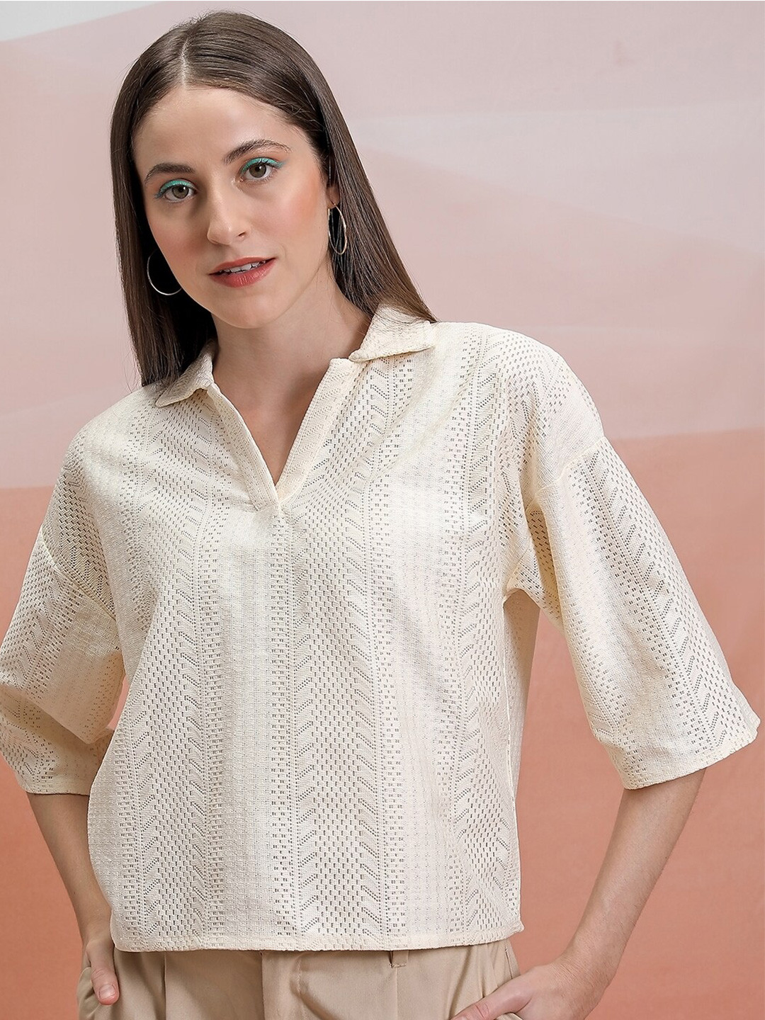 

Tokyo Talkies Off White Self Design Shirt Collar Drop Shoulder Crop Shirt Style Top