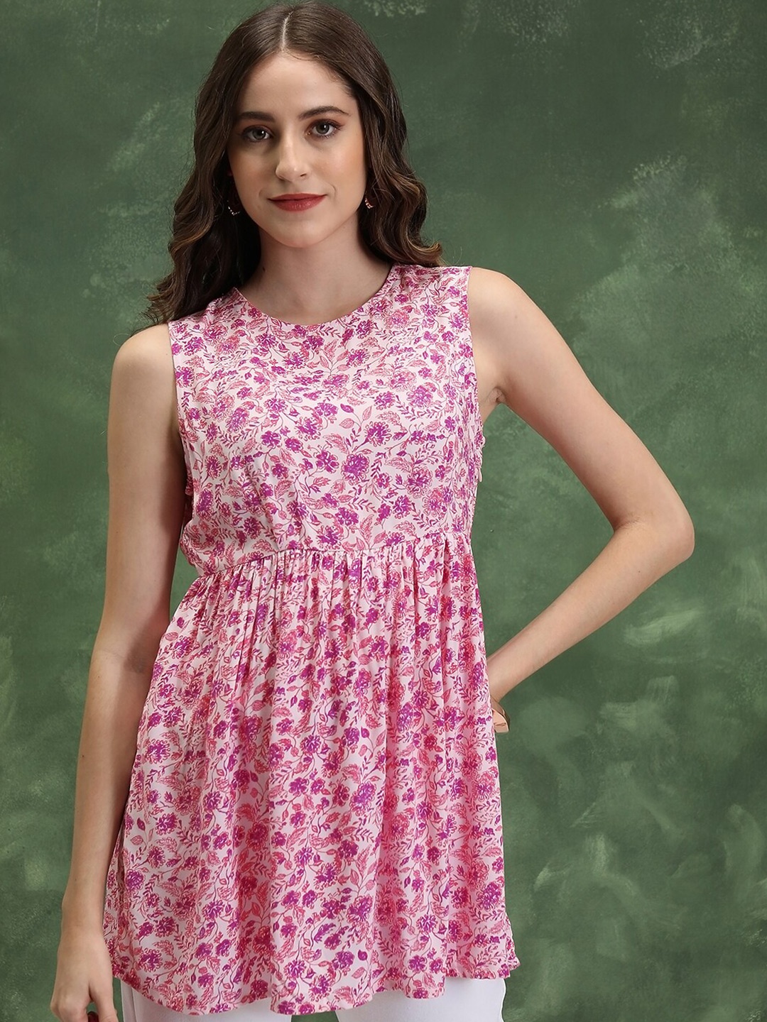 

Vishudh Floral Printed Round Neck Gathered Top, Pink