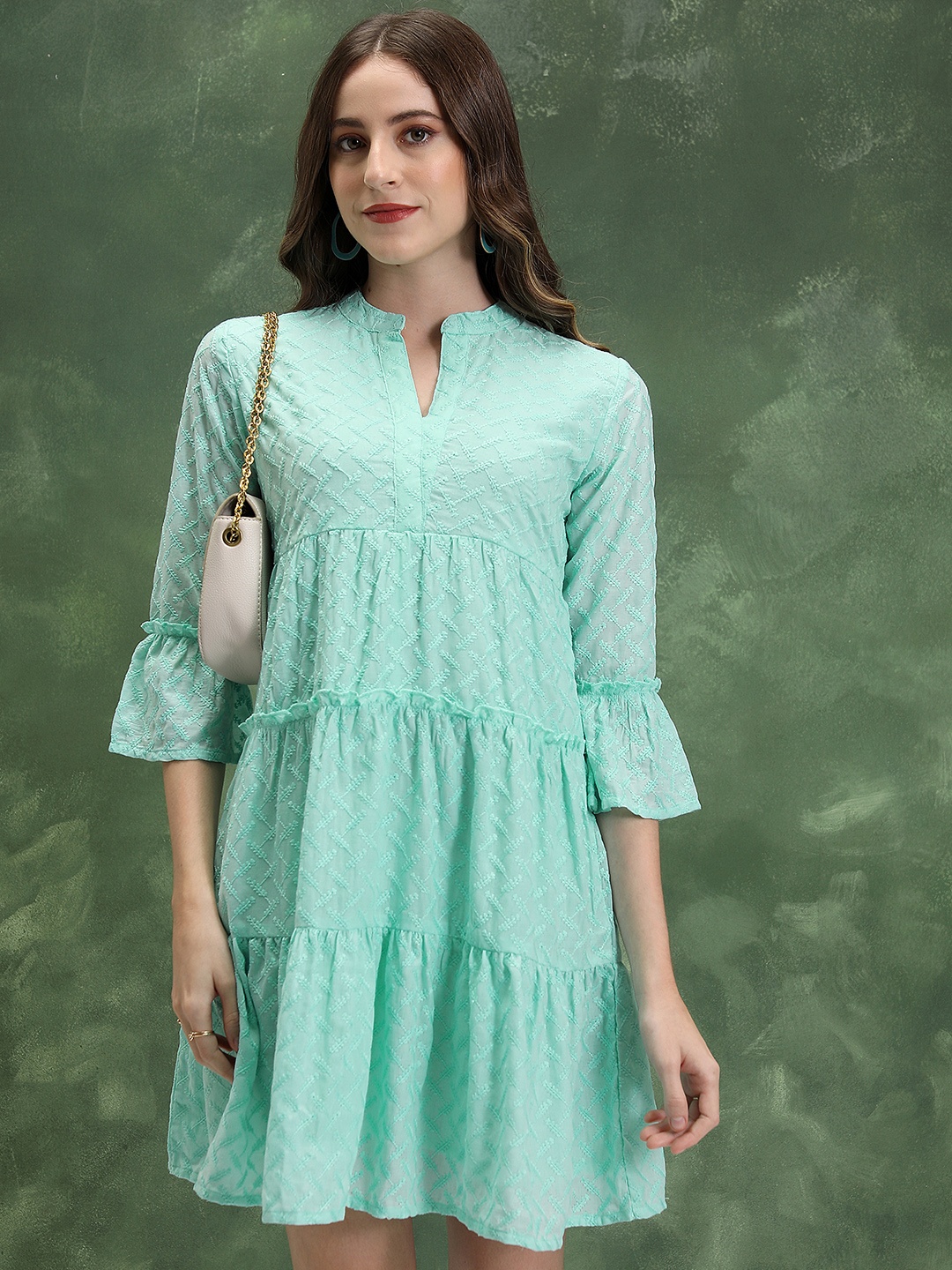 

Vishudh Floral Embroidered Mandarin Collar Bell Sleeves Tiered Detail A-Line Mini Dress, Green