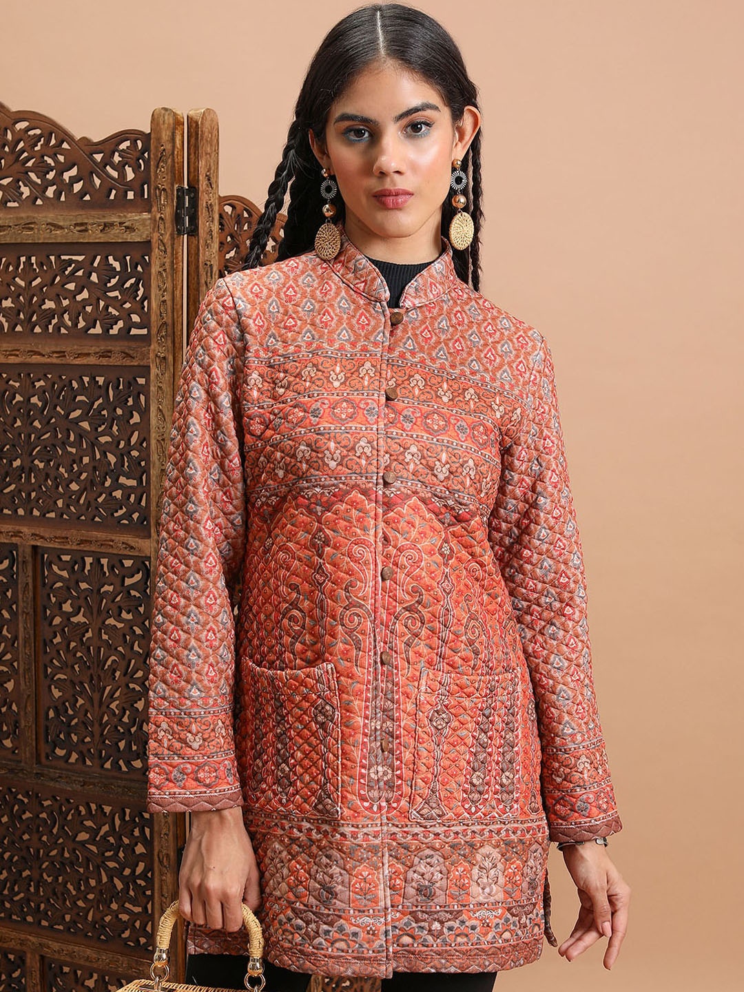 

Vishudh Floral Printed Longline Tailored Jacket, Orange