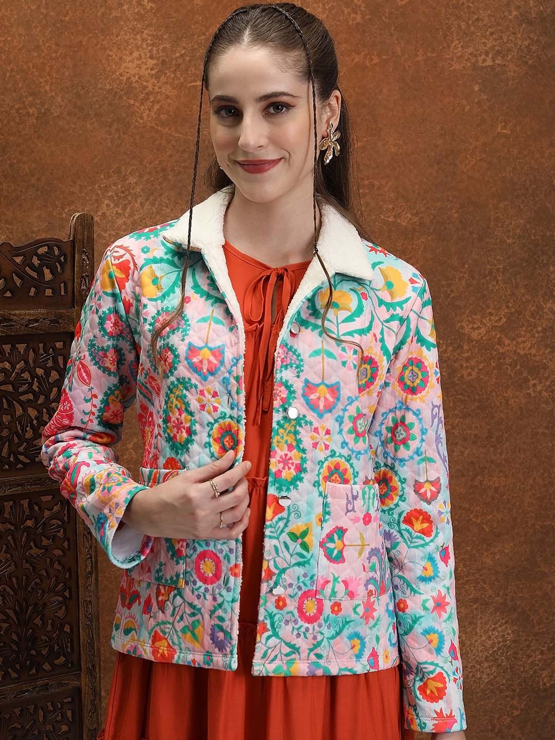 

Vishudh Pink Floral Printed Spread Collar Quilted Tailored Jacket