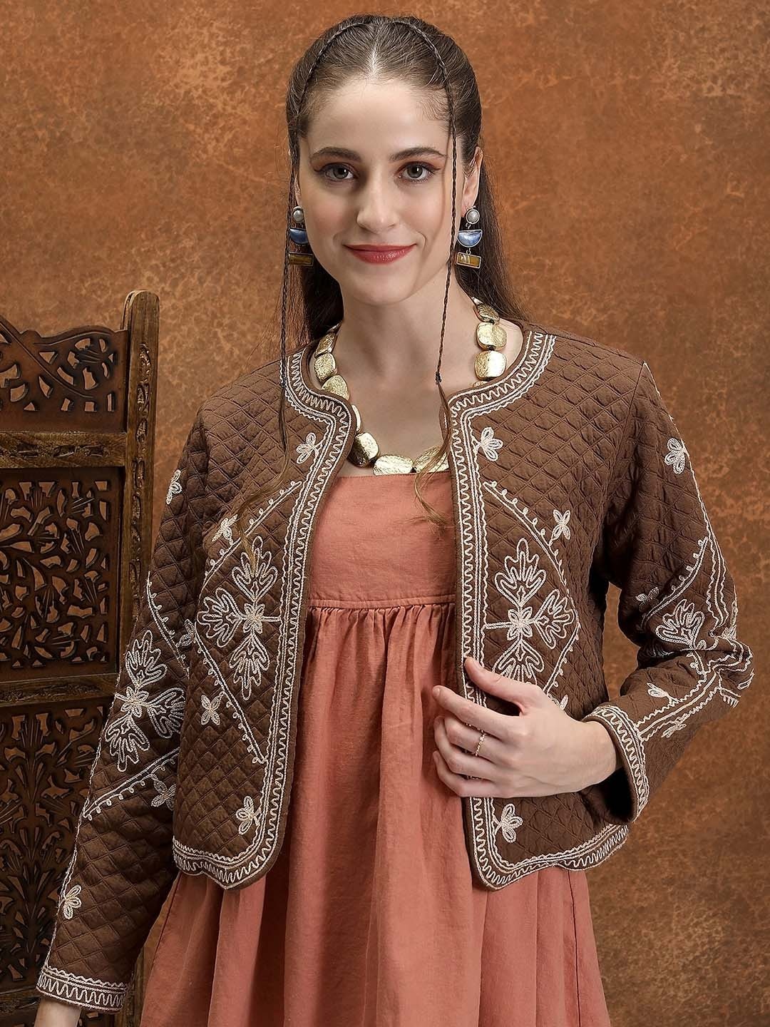 

Vishudh Floral Embroidered Quilted Tailored Jacket, Brown