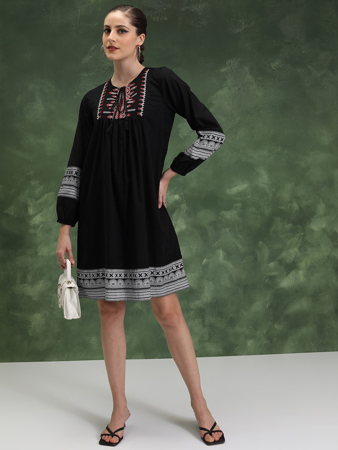 

Vishudh Self Design Round Neck Self Design Cotton Embroidered A-Line Above Knee Dress, Black