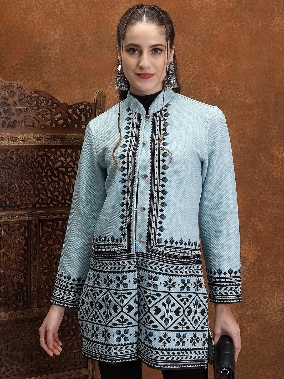 

Vishudh Blue Ethnic Printed Longline Tailored Jacket