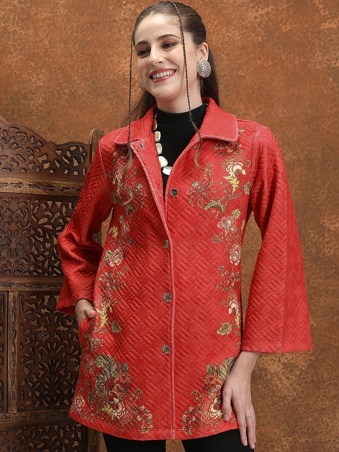 

Vishudh Floral Printed Spread Collar Longline Tailored Jacket, Red