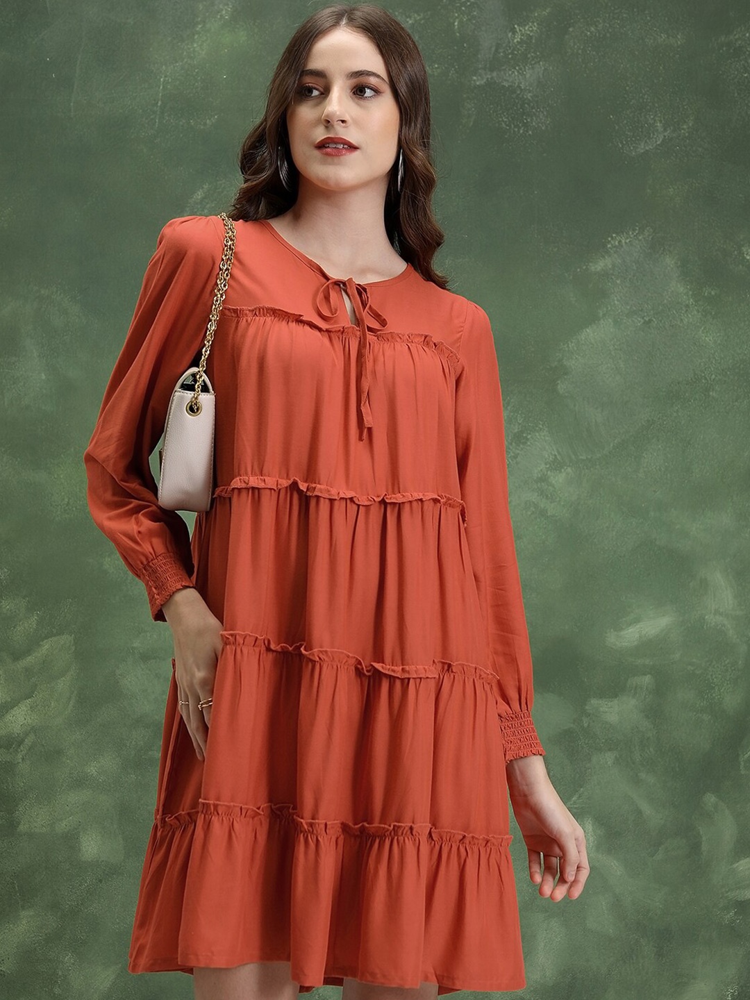 

Vishudh Tie-Up Neck Cuffed Sleeves Tiered Detail A-Line Mini Dress, Rust