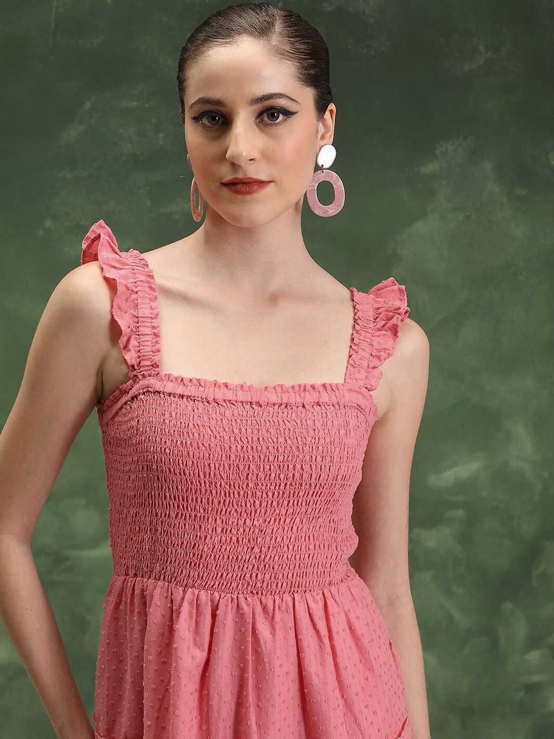 

Vishudh Self Design Shoulder Straps Sleeveless Smocked Detail Cotton A-Line Midi Dress, Pink