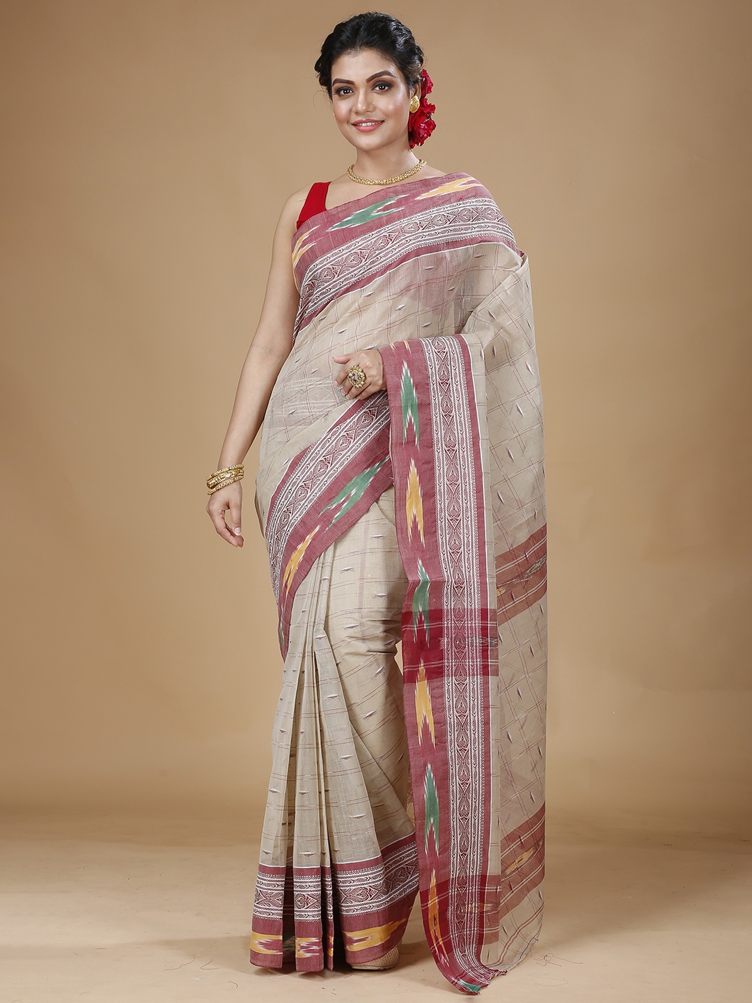 

SLAGHA Ikkat Woven Design Pure Cotton Taant Saree, Grey