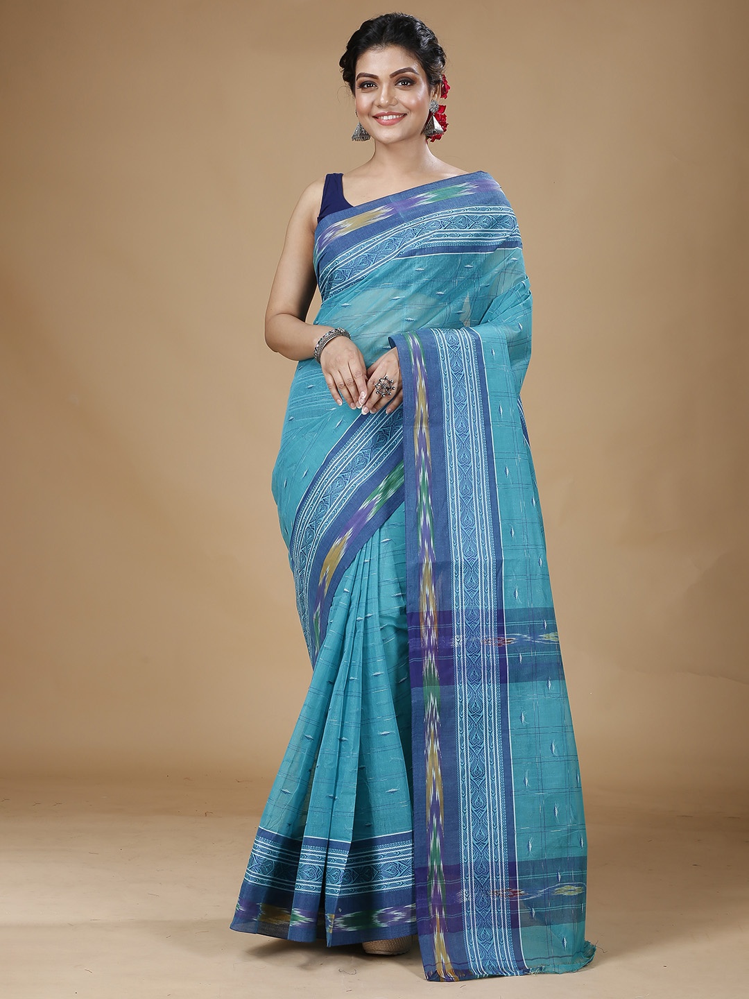 

SLAGHA Ikkat Woven Design Pure Cotton Taant Saree, Turquoise blue