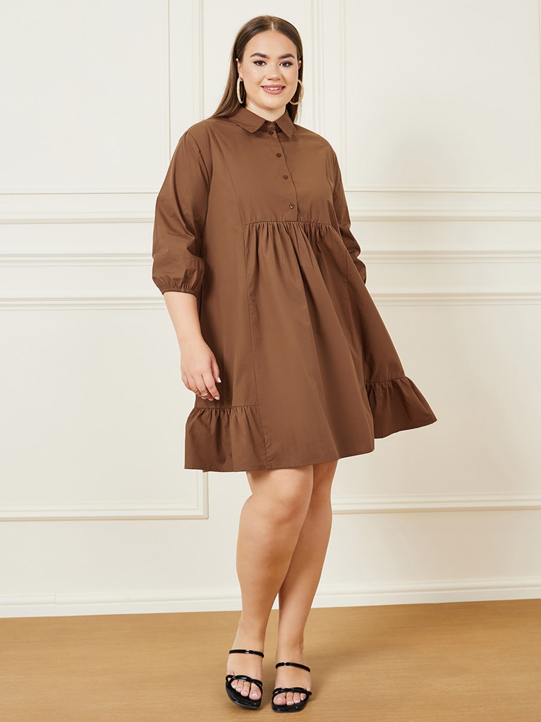 

Styli Plus Size Shirt Collar Puff Sleeves Pleated Shirt Dress, Brown