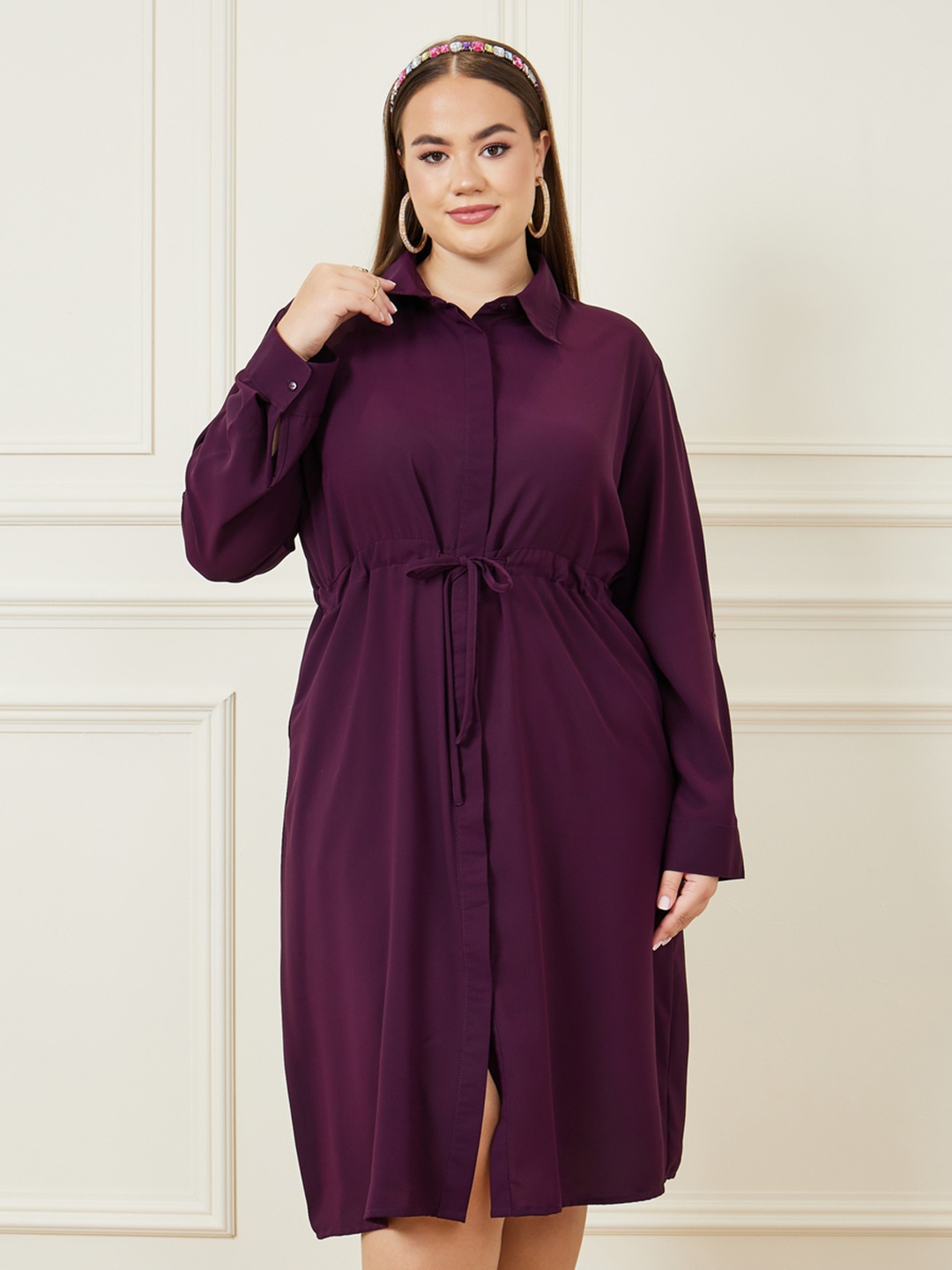 

Styli Plus Size Knee Length Shirt Dress With Waist Tie-Up, Purple