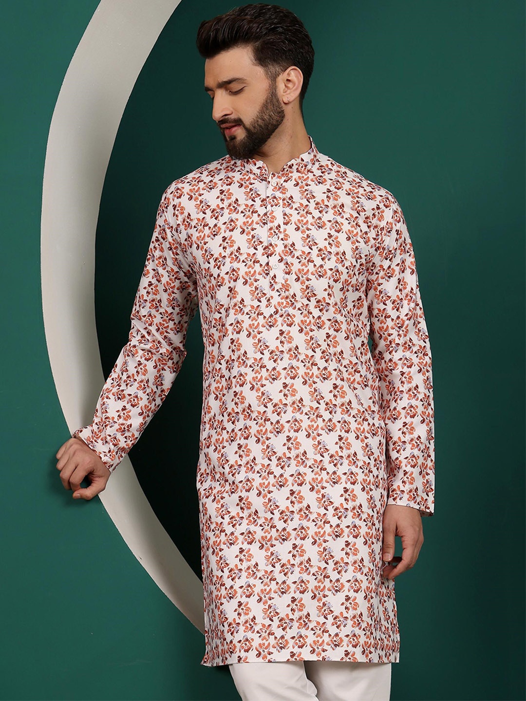 

Armaan Ethnic Mandarin Collar Quirky Printed Long Sleeves Cotton Kurta, Orange