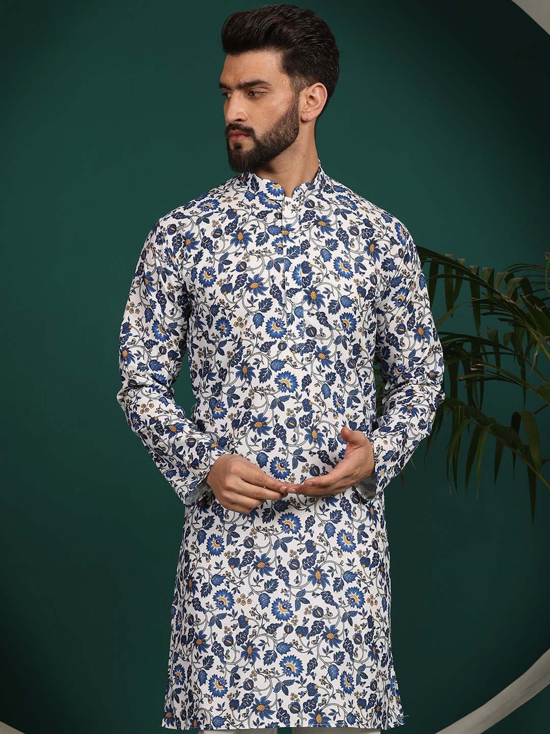 

Armaan Ethnic Floral Printed Mandarin Collar Yoke Design Cotton Straight Kurta, Blue