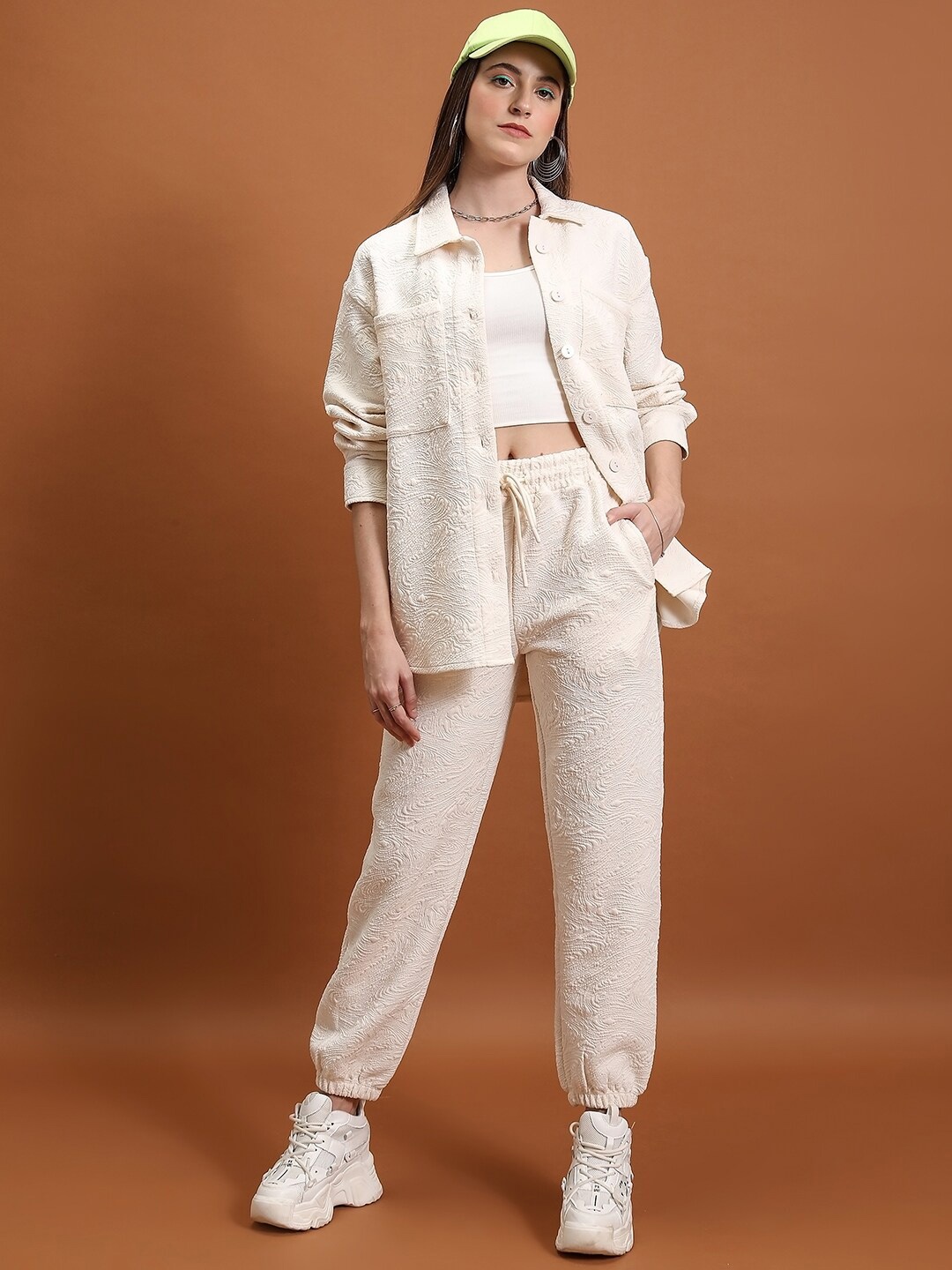 

Tokyo Talkies Women Self Design Overshirt With Pants Co-Ord, White