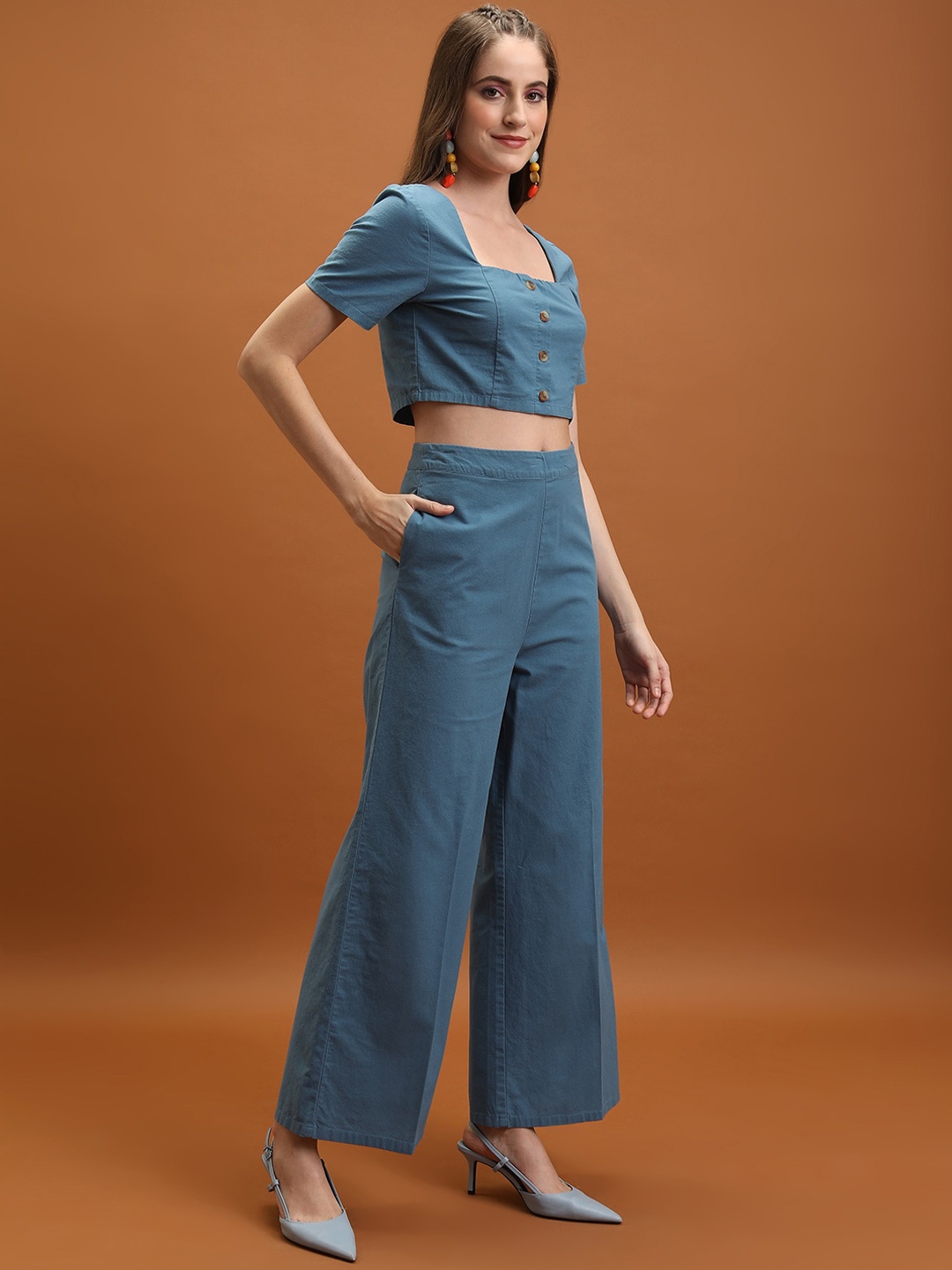 

Tokyo Talkies Women Square Neck Top And Flared Trousers Co-Ords, Blue