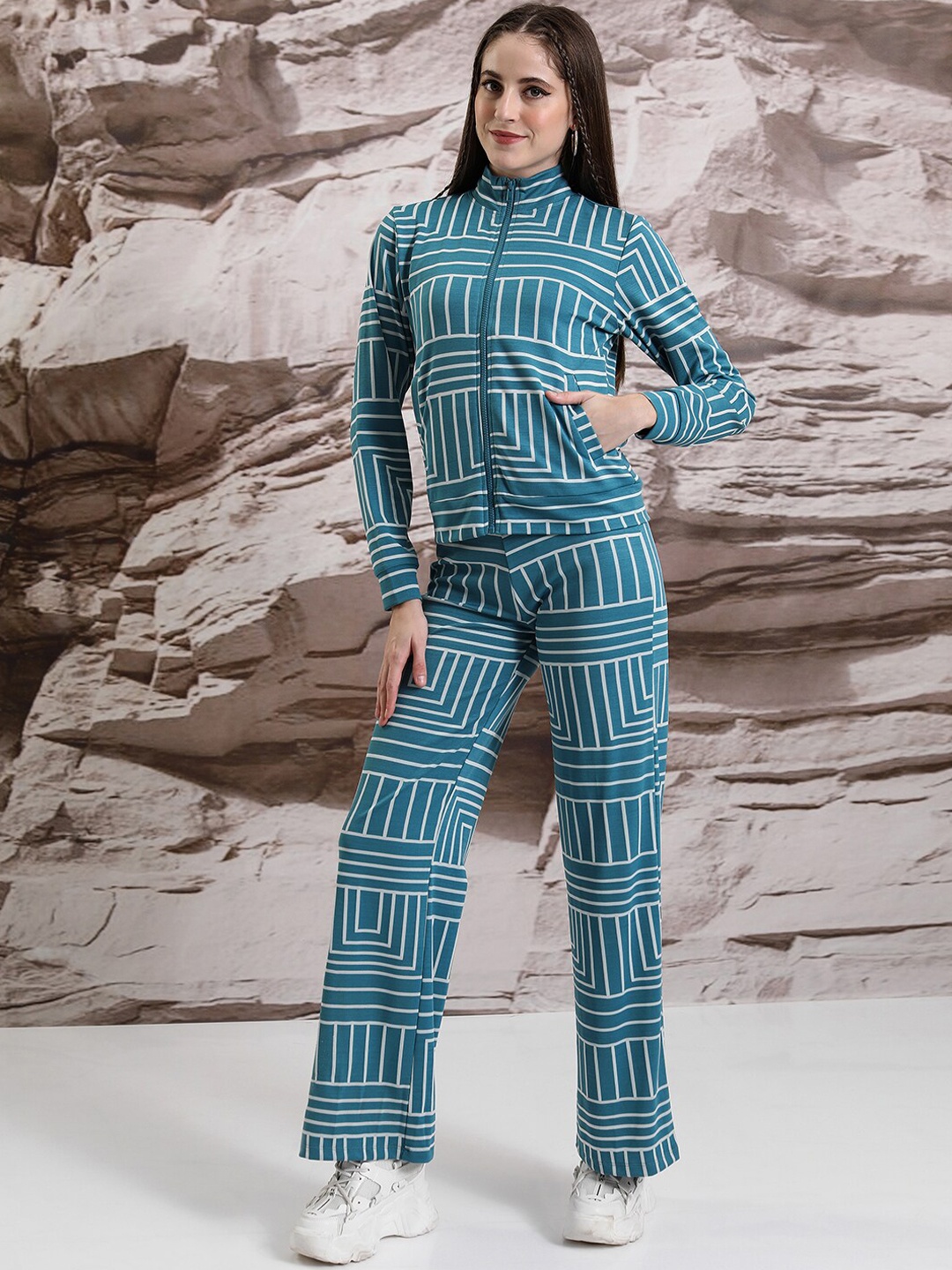 

Tokyo Talkies Jacquard Printed High Neck Jacket With Trouser Co-ords, Blue