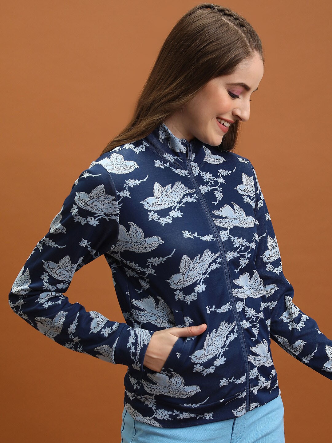 

Tokyo Talkies Blue Conversational Printed Mock Collar Jacquard Open Front Jacket