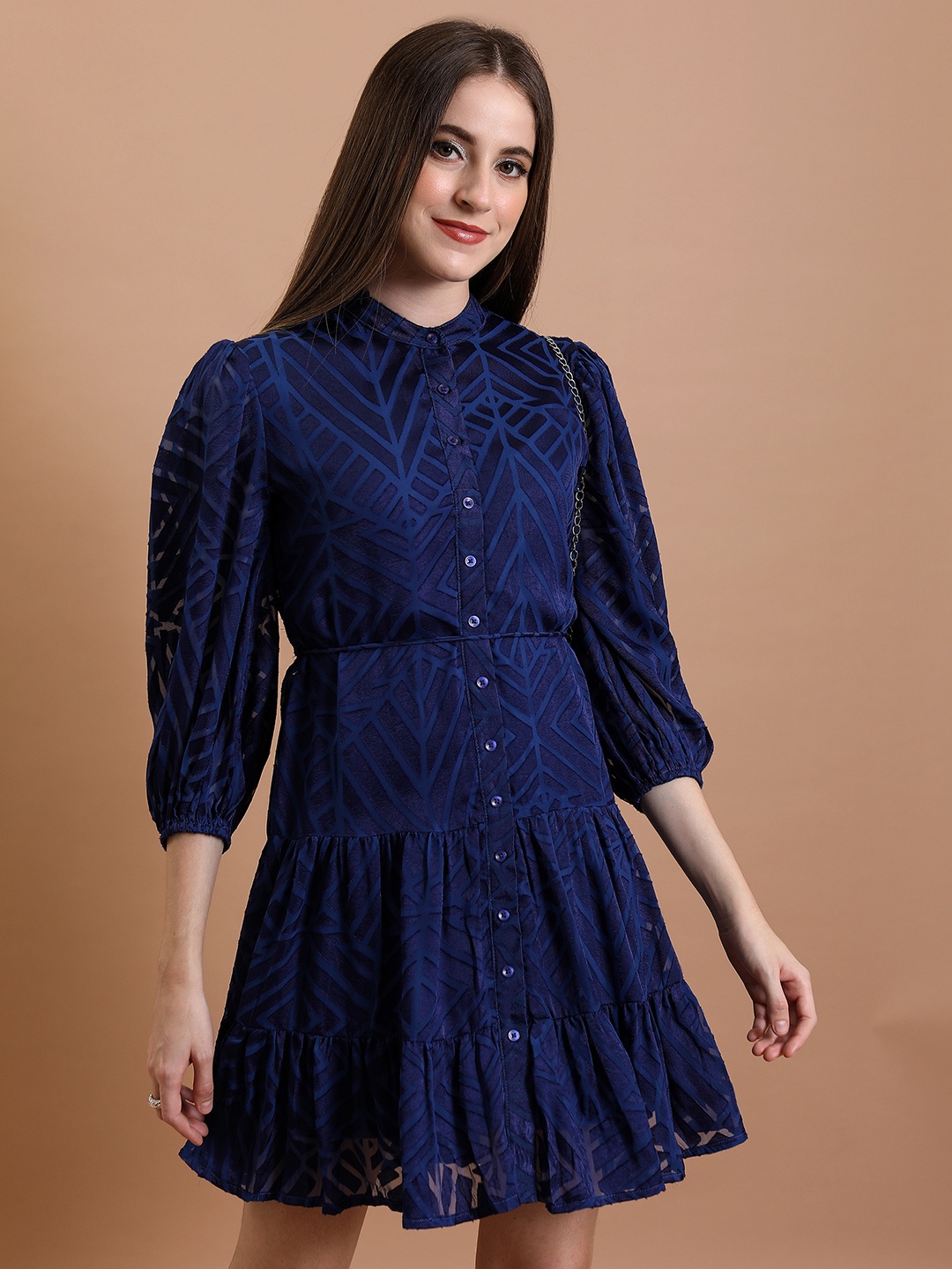 

Tokyo Talkies Mandarin Collar Puff Sleeve Shirt Dress, Navy blue