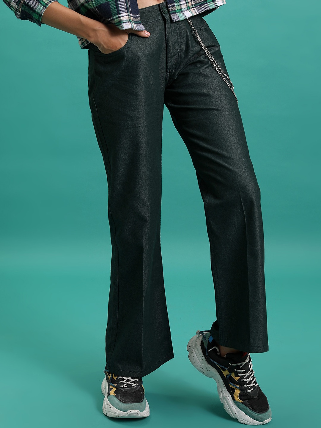 

Tokyo Talkies Women Teal Green Low-Rise Flared Cotton Trousers