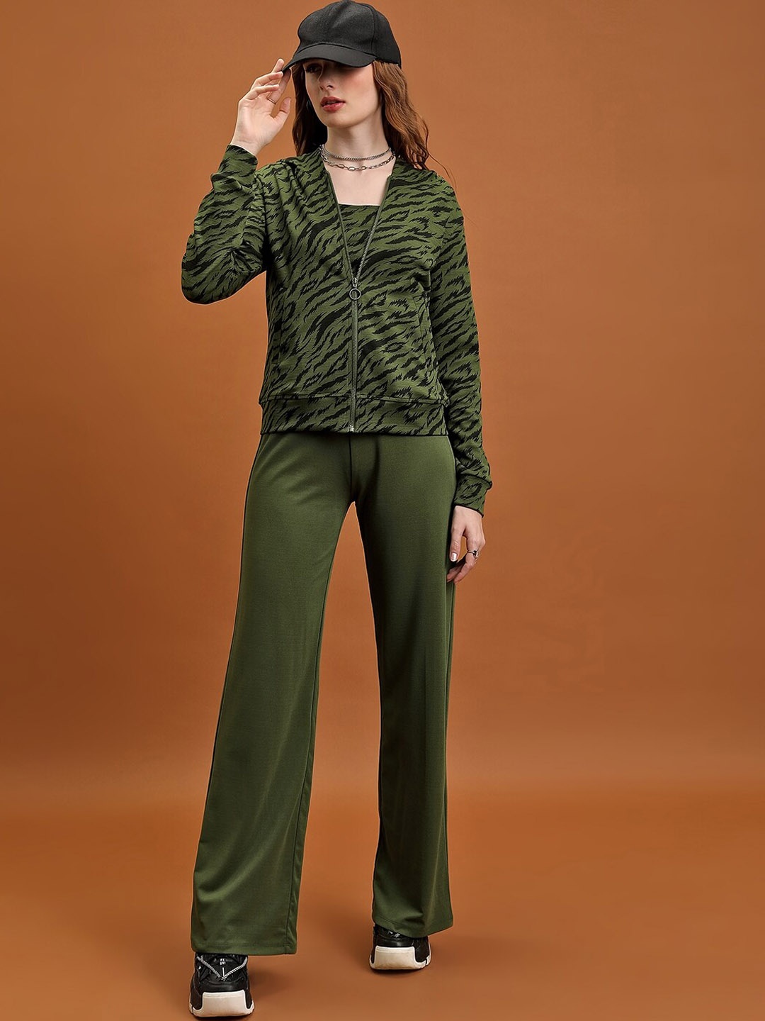 

Tokyo Talkies Jacquard Knit Hoodie Jacket with Tank Top & Trousers Co-Ords, Green