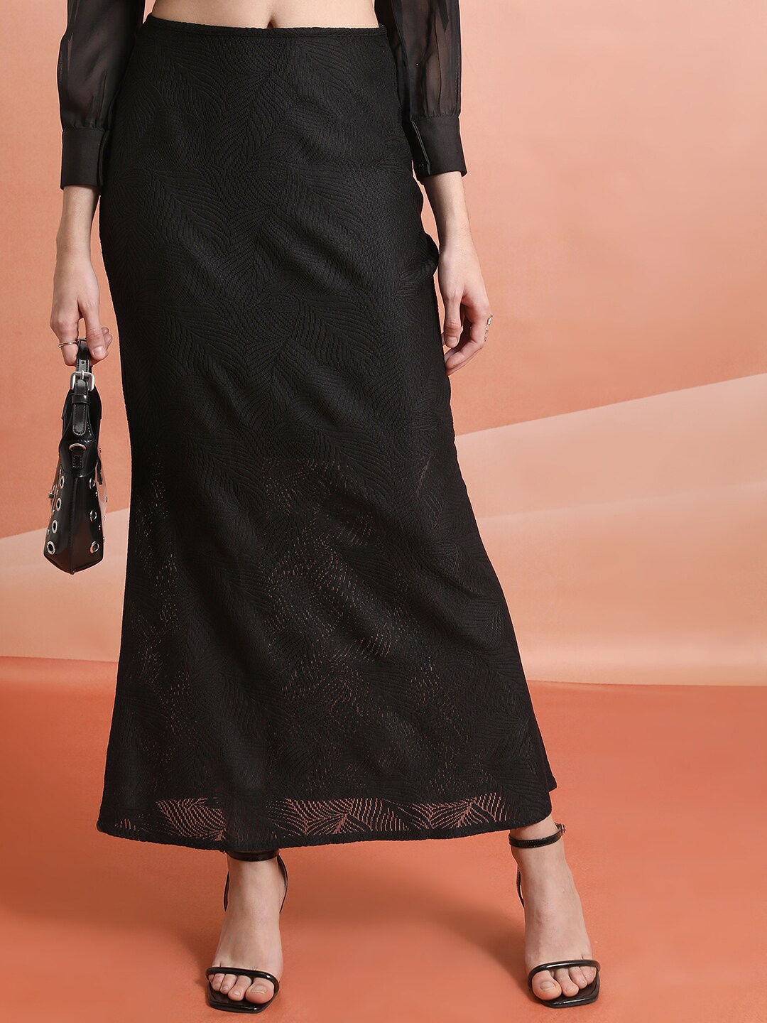 

Tokyo Talkies Black Crochet Straight Midi Skirt