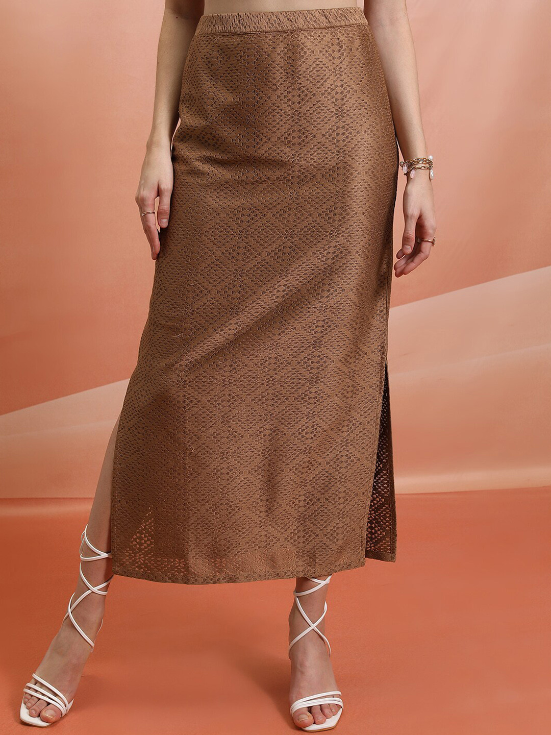

Tokyo Talkies Brown Crochet Straight Midi Skirt