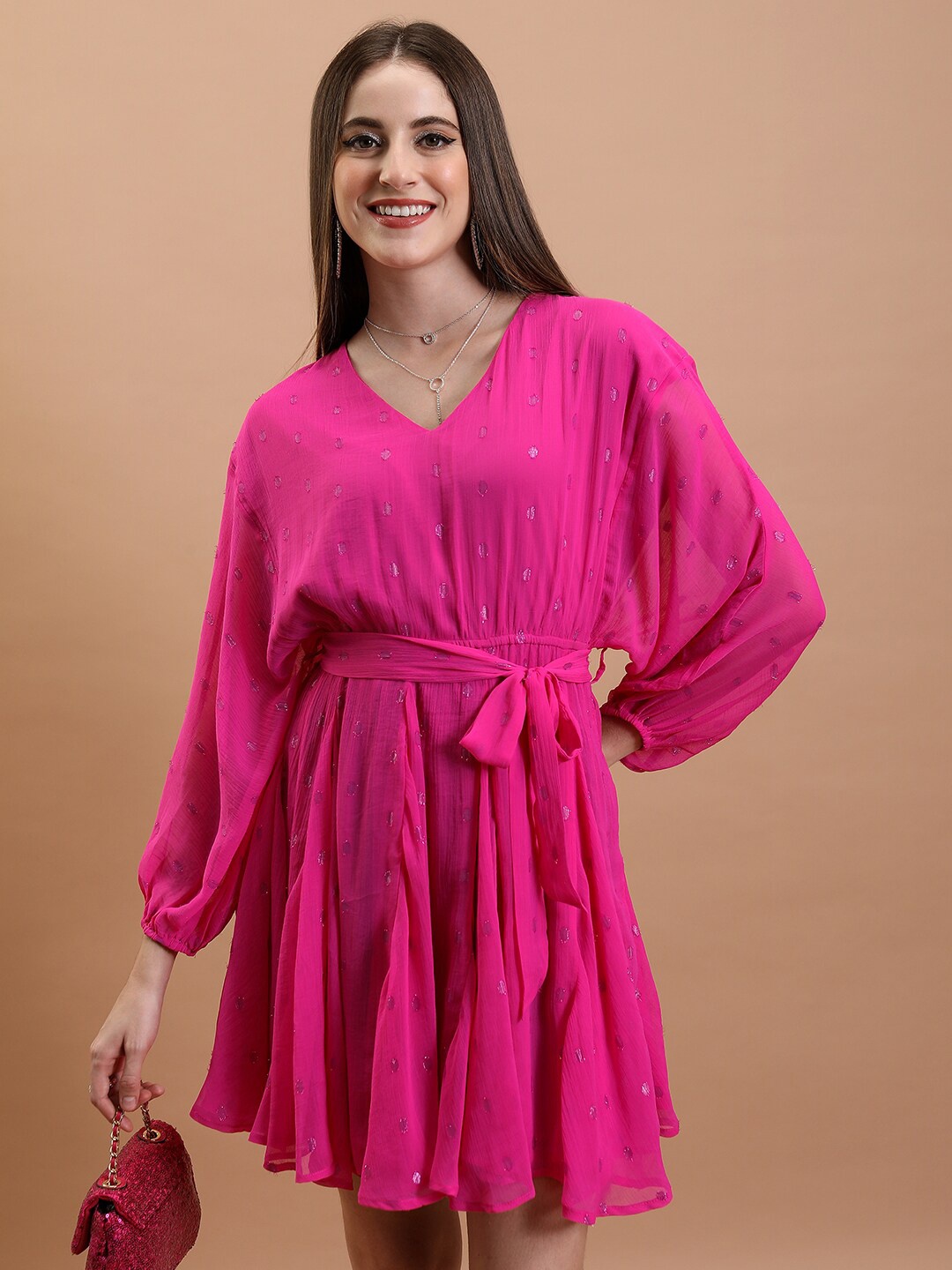 

Tokyo Talkies Abstract Printed tiV-Neck Puff Sleeves Tie-Ups Detail Fit & Flare Mini Dress, Purple