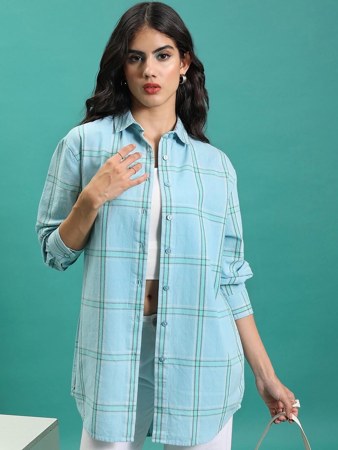 

Tokyo Talkies Women Boxy Yarn Dye Oversized Shirt, Green