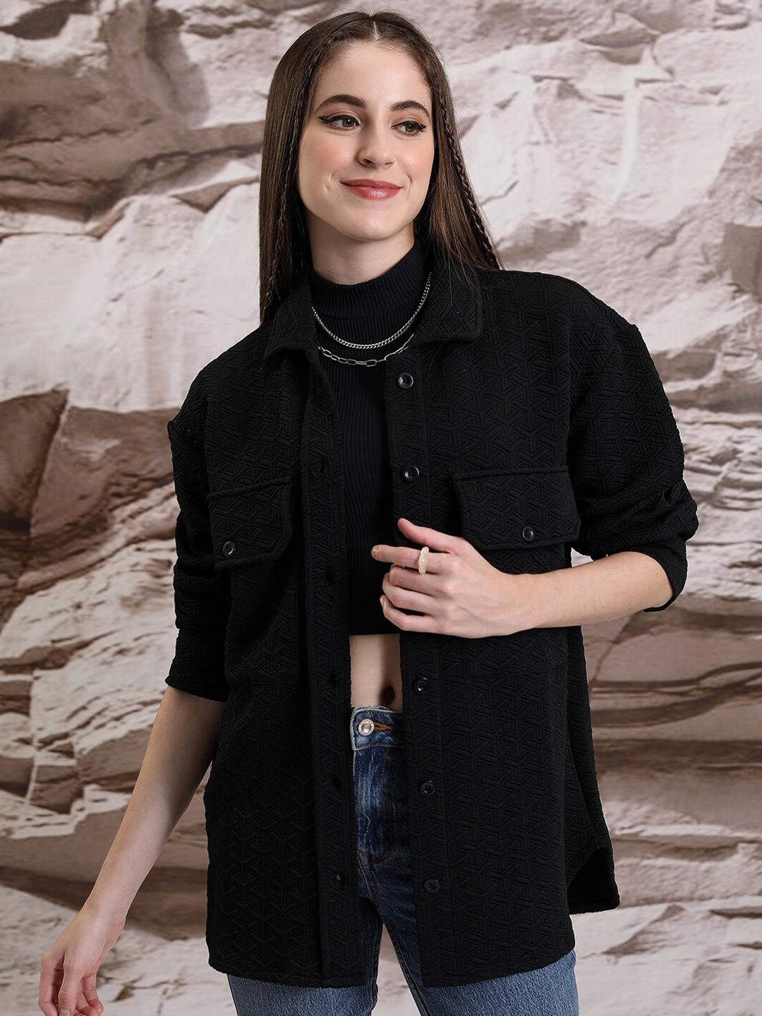 

Tokyo Talkies Women Oversized Longline Solid Overshirt, Black